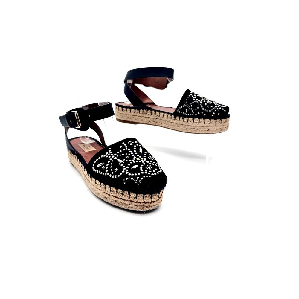Valentino Garavani Black Studded Suede Espadrille Wedges EU 38